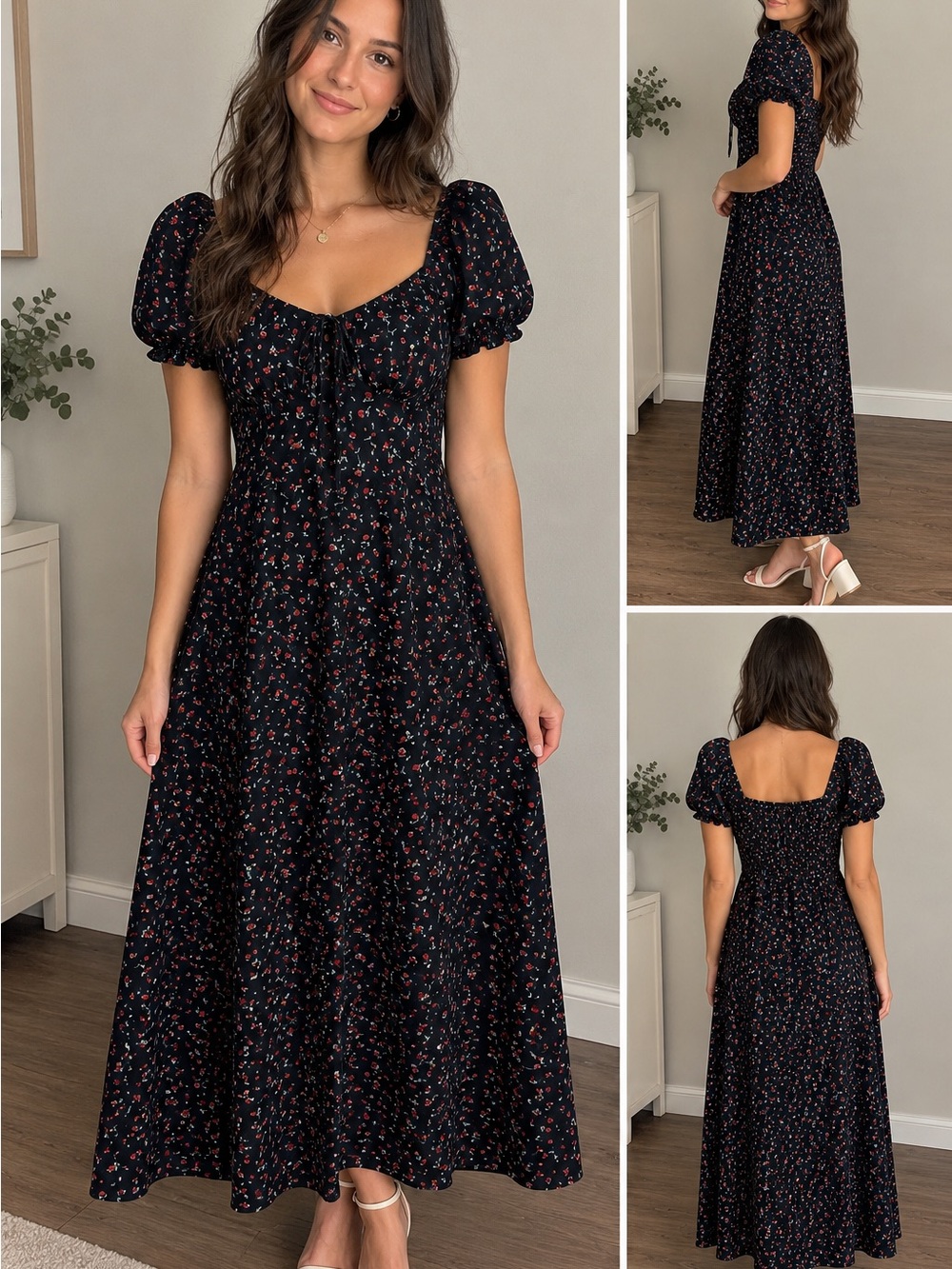 Francesca's Collections Black Maxi Dress with Red & Pink Floral Print
